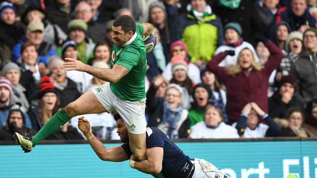 Ireland’s full-back Rob Kearney  is tackled during Saturday’s Six Nations international rugby union match between Scotland and Ireland at Murrayfield in Edinburgh. Photograph: Paul Ellis/AFP/Getty Images