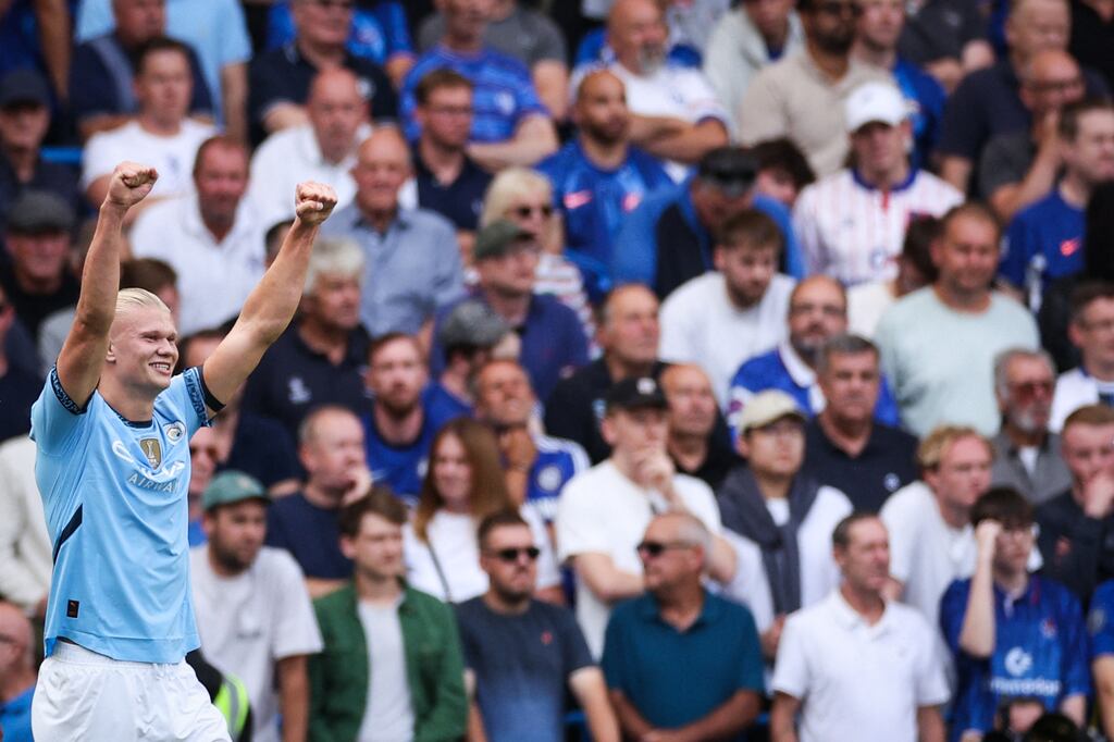 Manchester City striker Erling Haaland celebrates after scoring his team's first goal during the Premier League match against Chelsea at Stamford Bridge. Photograph: Adrian Dennis/AFP via Getty Images