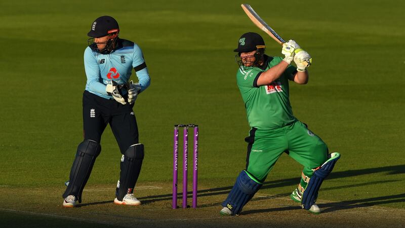 Paul Stirling hits out watched on by England wicketkeeper Jonny Bairstow during the third One Day International at the Ageas Bowl in Southampton. Photograph: Stu Forster/Getty Images for ECB