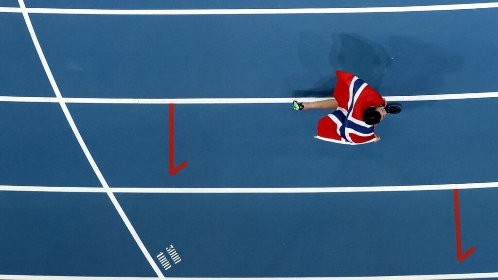 Gold medalist Jakob Ingebrigtsen of Norway celebrates following his victory in the Men’s 1,500 metres final at the European Athletics Indoor Championships at Arena Torun in Torun, Poland. He was disqualified and then reinstated as the winner. Photograph: Alexander Hassenstein/Getty Images for European Athletics