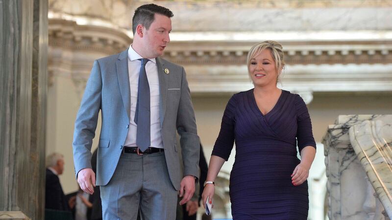 Sinn Féin’s John Finucane and party leader in Northern Ireland Michelle O’Neill at the local government election count at Belfast. Photograph: Mark Marlow/PA