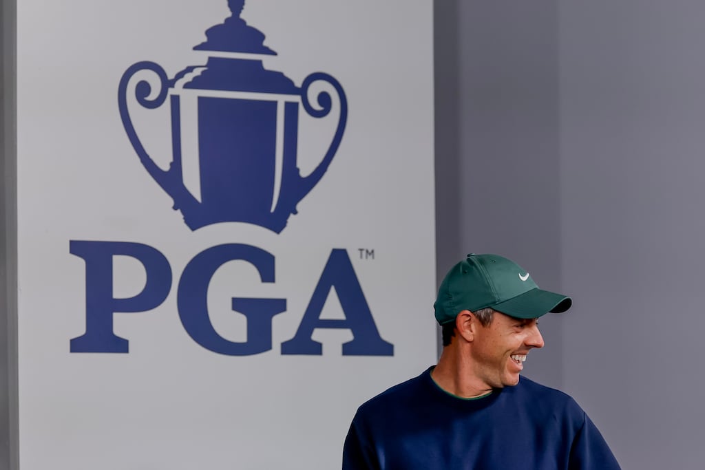 Rory McIlroy arriving for his press conference at Quail Hollow on Wednesday.