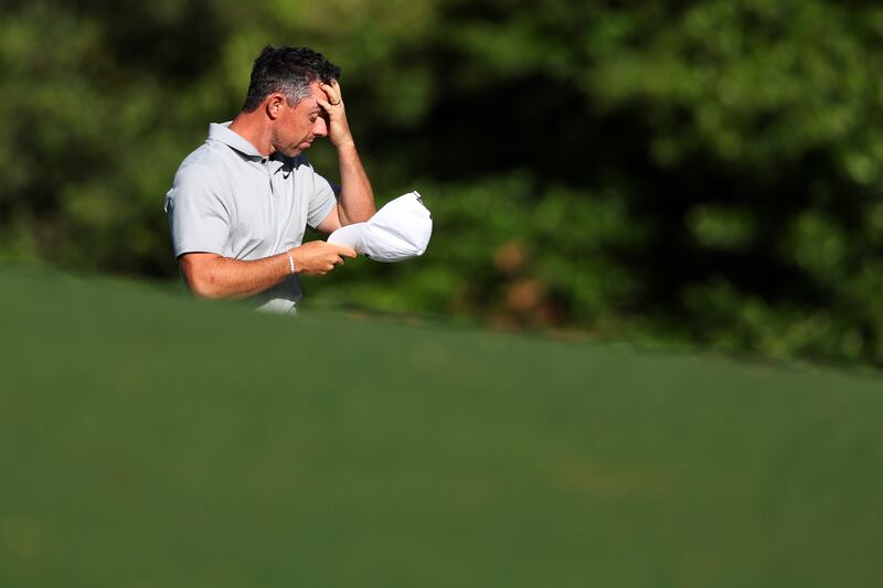 Rory McIlroy reacts after a double bogey on the 11th hole during the second round of the 2024 Masters. Photograph: Andrew Redington/Getty Images