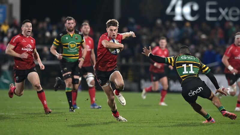 Ulster wing Ethan McIlroy bursts through to score his side’s  third try during the Heineken Champions Cup match against Northampton  at Kingspan Stadium in Belfast. Photograph: Charles McQuillan/Getty Images
