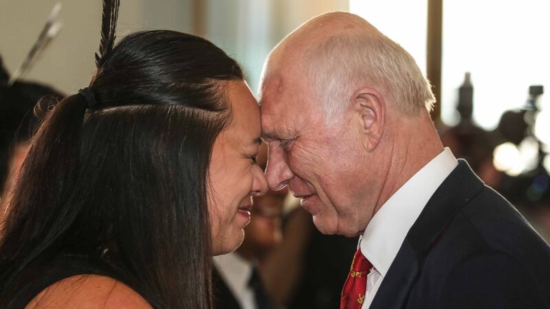 Manager John Spencer does a hongi on arrival. Photo: Billy Stickland/Inpho