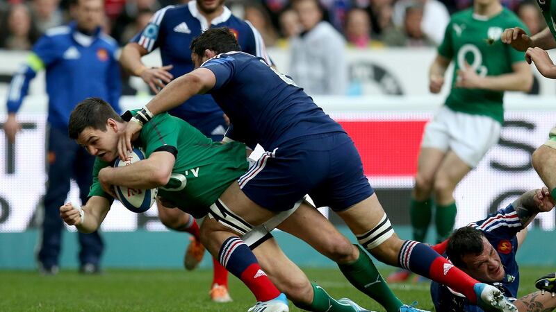 Johnny Sexton scores a try against France Stade de France in 2014. File photograph: Inpho