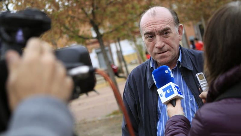 Luis Jiménez, son of 85-year-old Vallecas’ resident Carmen Martínez, talks to the media. Ms Martínez was evicted from her home in the Madrid district of Vallecas on Friday, because she was the guarantor of a debt her son had taken on from a private lender and which he was unable to pay back. Photograph: Victor Lerena/EPA