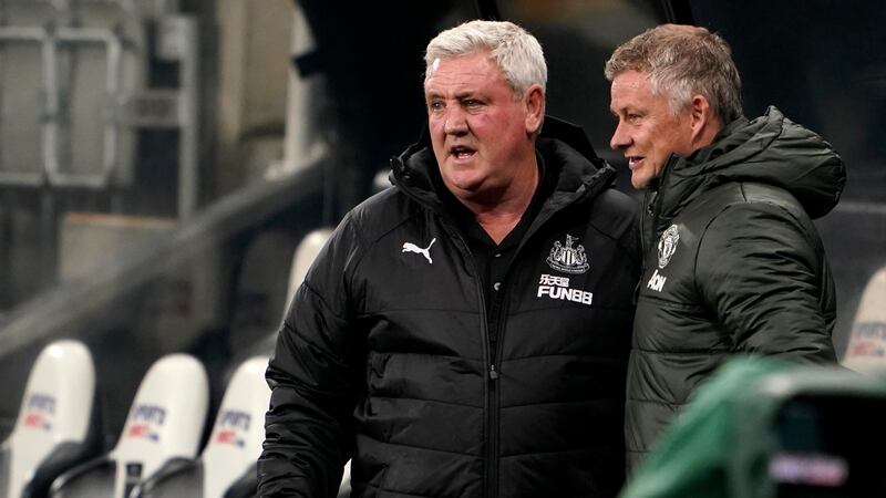 Ole Gunnar Solskjaer with opposite number Steve Bruce during his side’s win over Newcastle. Photograph: Owen Humphreys/Getty