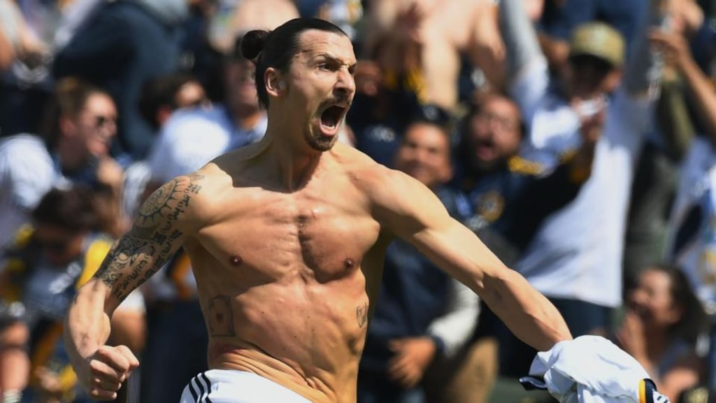 Zlatan Ibrahimovic celebrates a goal against LAFC on his LA Galaxy debut. Photograph: Mark Ralston/AFP