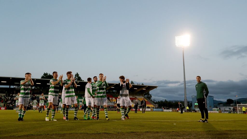 Shamrock Rovers’ players celebrate after the game. Photograph: Bryan Keane/Inpho