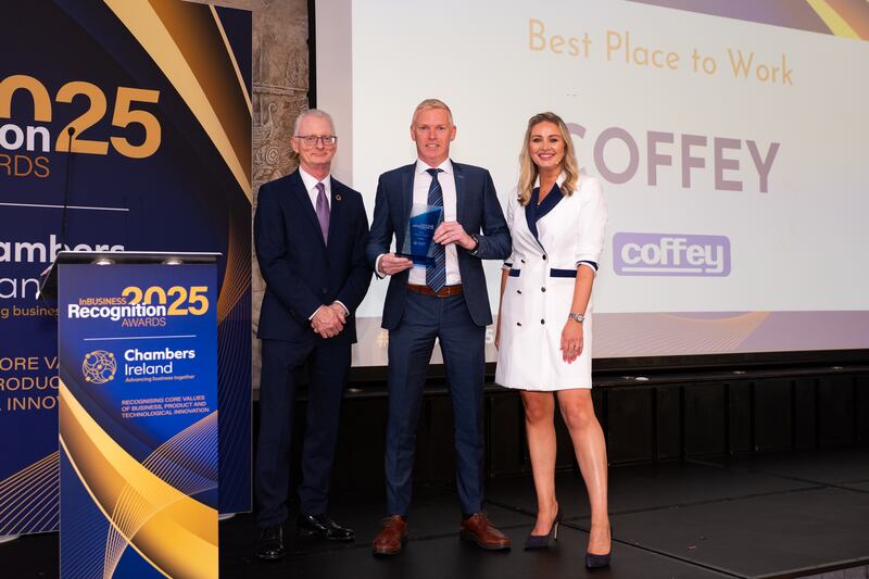 Ian Talbot, chief executive of Chambers Ireland; Joe Lavan, managing director at Coffey; and Anna Daly, MC of the awards. Photographer: Ruben Morrissey-Fernandez/Ruby Productions