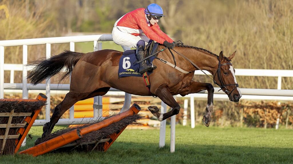 Paul Townend riding Sir Gerhard goes over the last to win the Tattersalls Ireland Novice Hurdle at Leopardstown on February 6th, 2022. Photograph: Alan Crowhurst/Getty Images