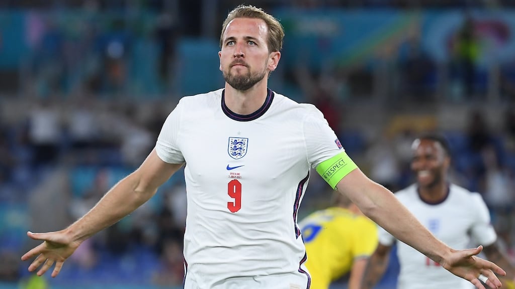 England’s Harry Kane celebrates after scoring the third goal during the quarter-final match between Ukraine and England in Rome last night. Photograph: EPA