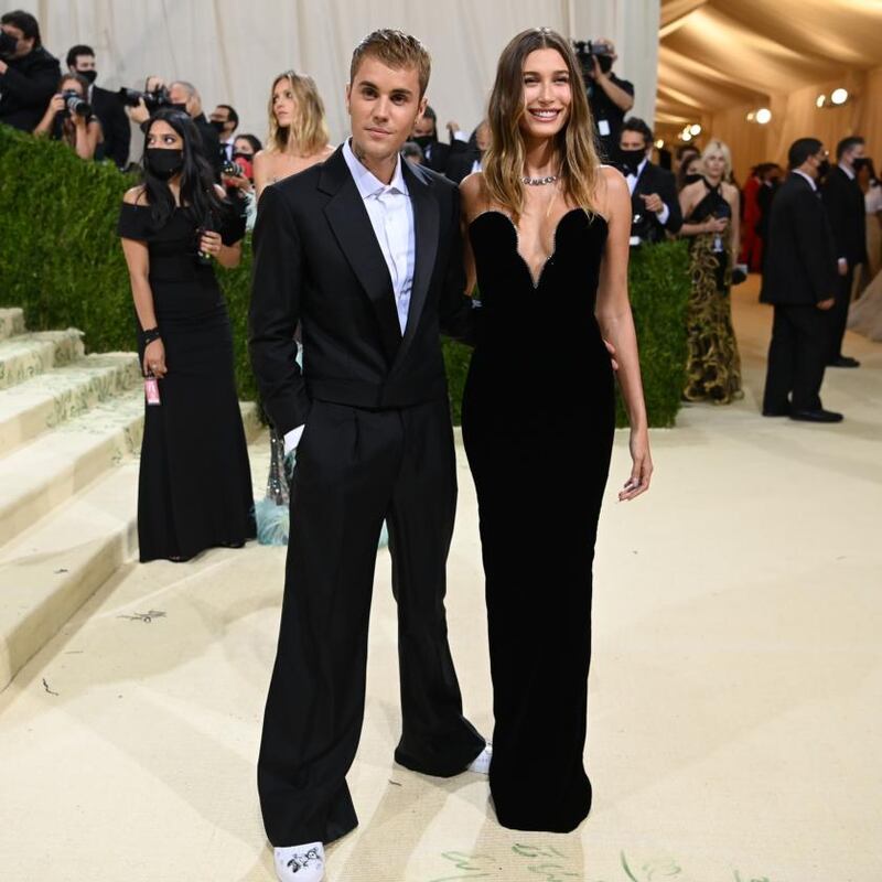 Justin Bieber and Hailey each clad in a classic look by Balenciaga