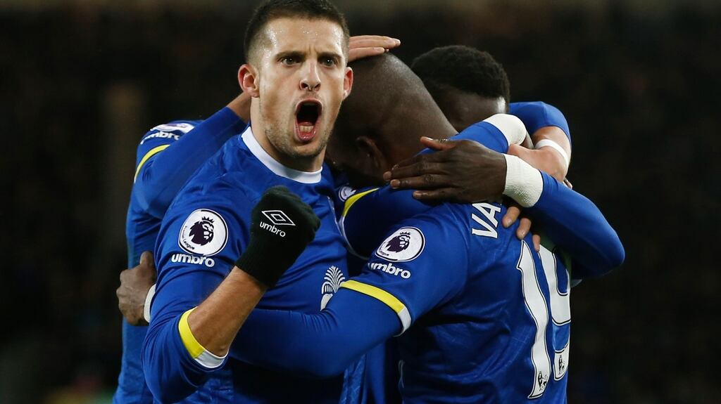 Kevin Mirallas celebrates with Enner Valencia after his goal finally broke the deadlock against Southampton. Photograph: Reuters/Andrew Yates