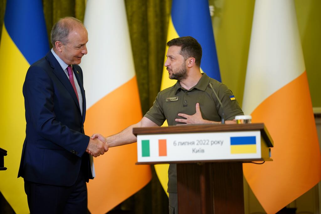 Taoiseach Micheál Martin and Ukrainian president Volodymyr Zelenskiy at a press conference in Kyiv on Wednesday. Photograph: Niall Carson/ PA Wire