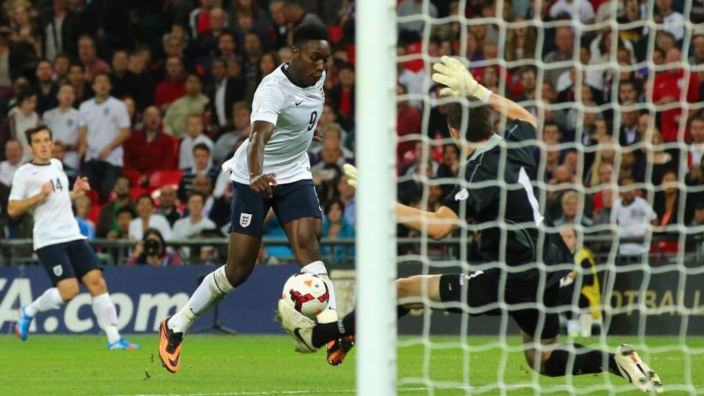 Daniel Welbeck of England scores their third goal during the FIFA 2014 World Cup Qualifyer at Wembley. Photograph: Getty