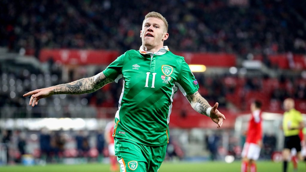 James McClean celebrates scoring for Ireland against Austria last year. Photograph: Ryan Byrne/Inpho