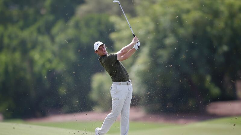 Rory McIlroy hits a shot during the second round of the DP World Tour Championship at Jumeirah Golf Estates in Dubai. Photograph: Ali Haider/EPA