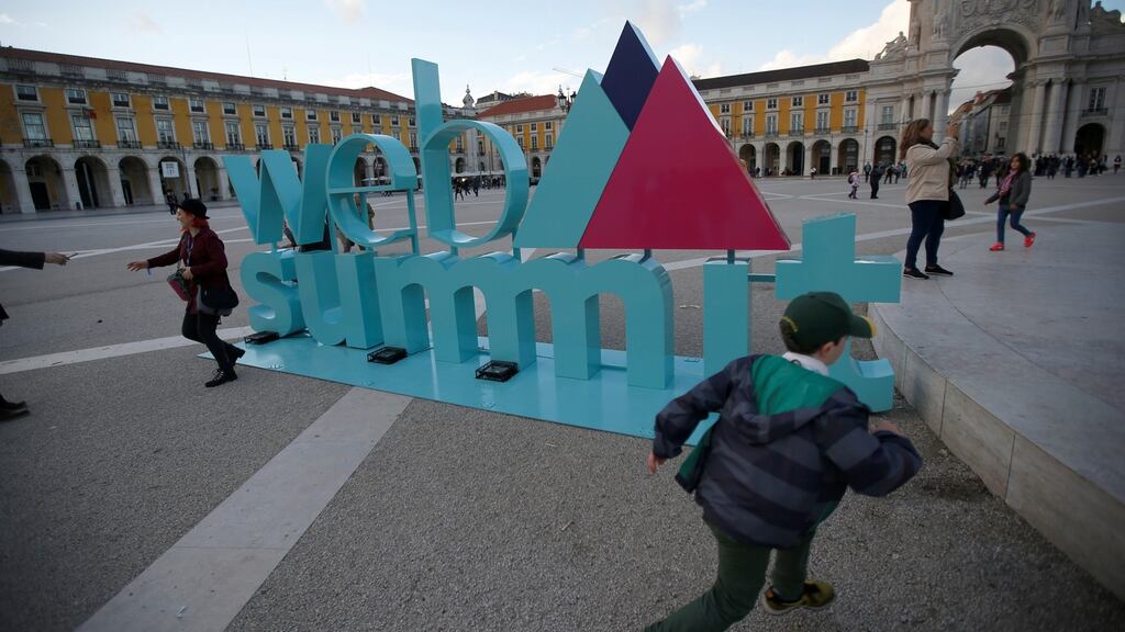 A sign for Europe’s biggest tech conference, the Web Summit, at Comercio Square in Lisbon, Portugal. Will the chosen location prove better than Dublin? Photograph: Rafael Marchante