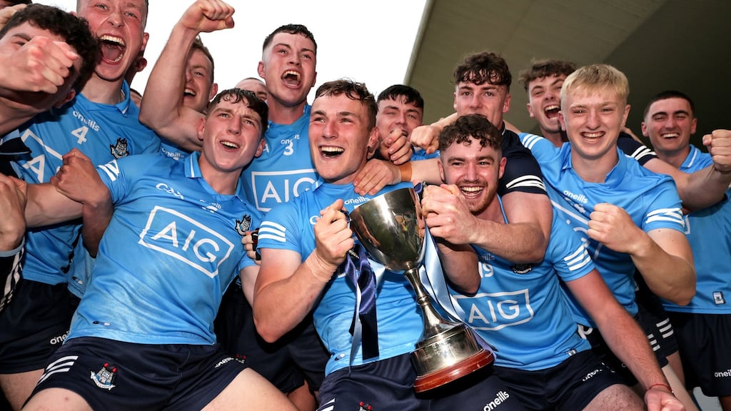 Dublin celebrate their victory over Galway in the 2020 Leinster Under 20 hurling final at Bord na Mona O’Connor Park, Tullamore. Photograph: Laszlo Geczo/Inpho