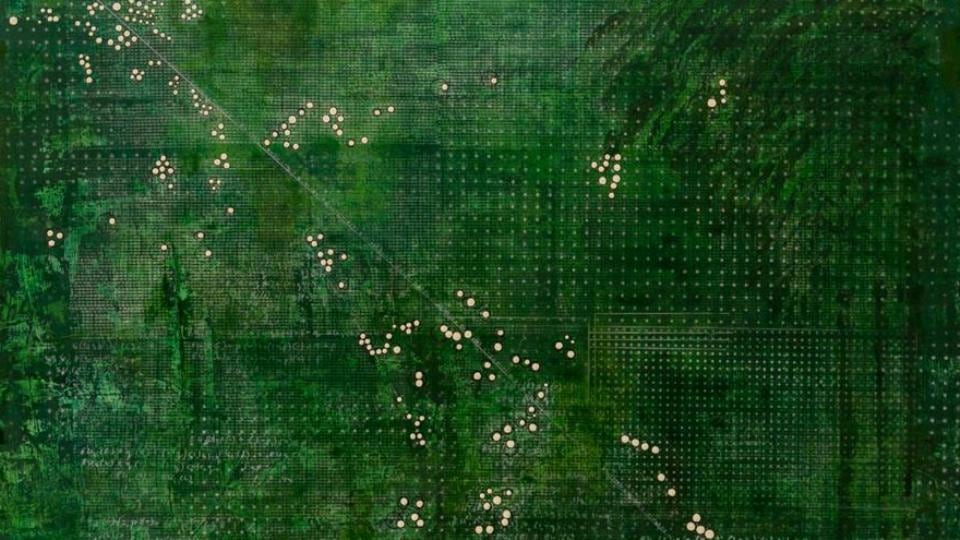 ‘Extensive Form’ by Elva Mulchrone, 2017, oil, ink, silkscreen and acrylic on linen