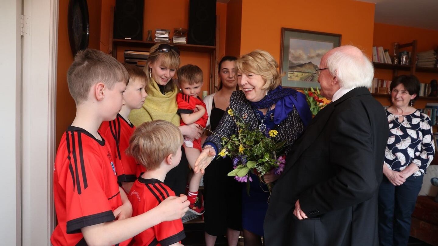 The President and his wife Sabina meet Emma Mhic Mhathúna and her five children in Co Kerry. Photograph: Emma Mhic Mhathúna