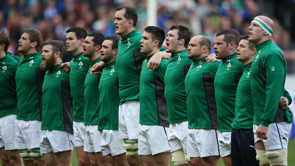 The Irish rugby team stand for the national anthem. Fianna Fáil Senator Mark Daly has said the national anthem should be brought back in to copyright. File photograph: ©INPHO/Billy Stickland