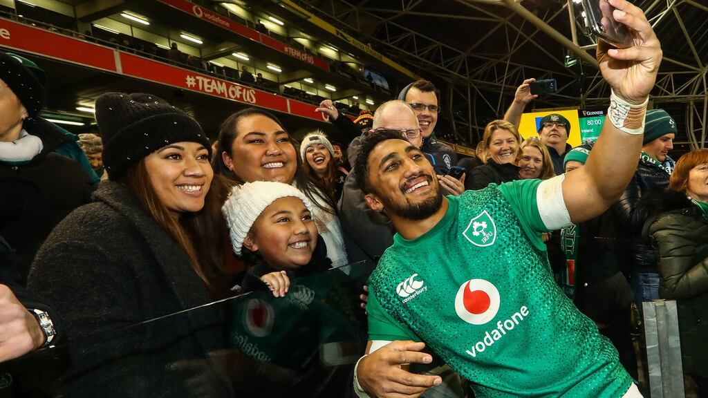 Bundee Aki celebrates with his fmaily after Ireland’s win over Argentina. Photograph: Dan Sheridan/Inpho