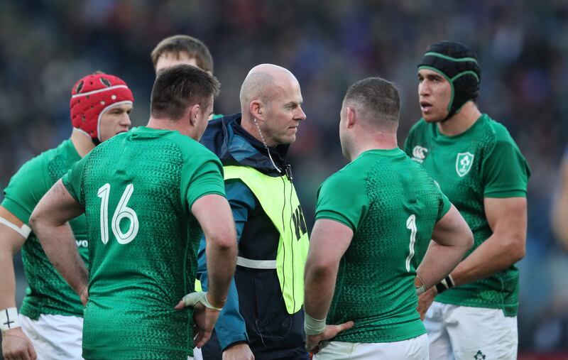 Technical analyst Mervyn Murphy on pitch with members of the Irish team in Italy in February. Photograph: Billy Stickland/Inpho