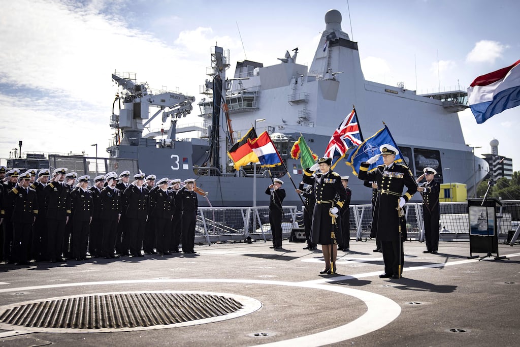 Dutch Royal Navy Commodore Ad van de Sande (right), commander of the Standing Nato Maritime Group One (SNMG1), attends a transfer ceremony of the SNMG1 in Den Helder in July, 2022. Photograph: Ramon van Flymen/ANP/AFP via Getty Images