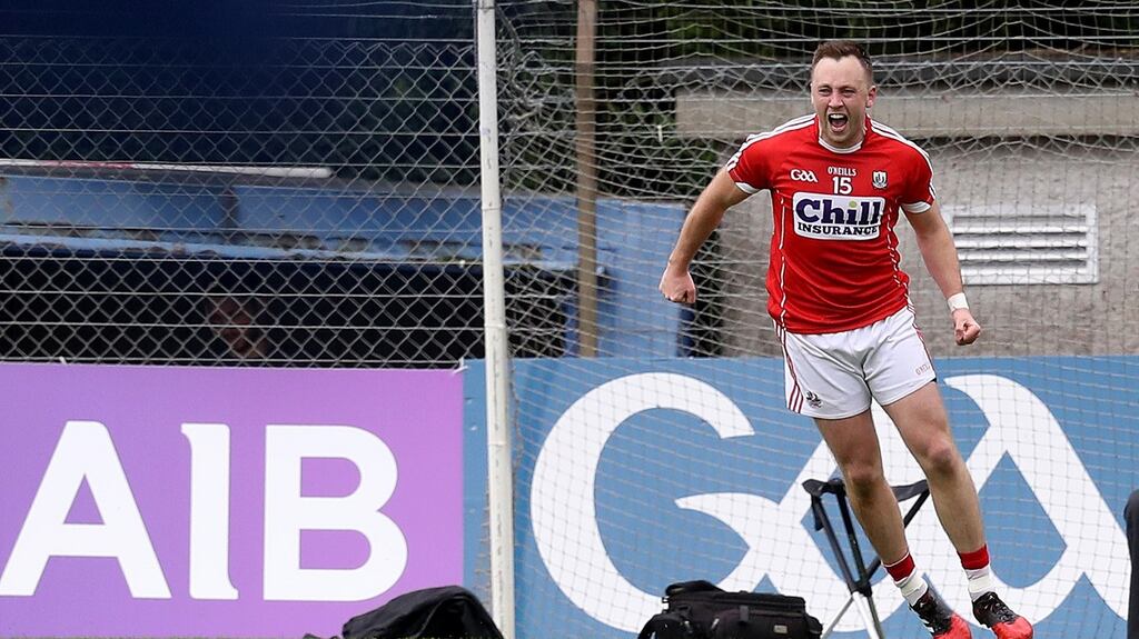 Cork’s Paul Kerrigan celebrates after scoring a point from a tight angle. Photograph: Tommy Dickson/Inpho