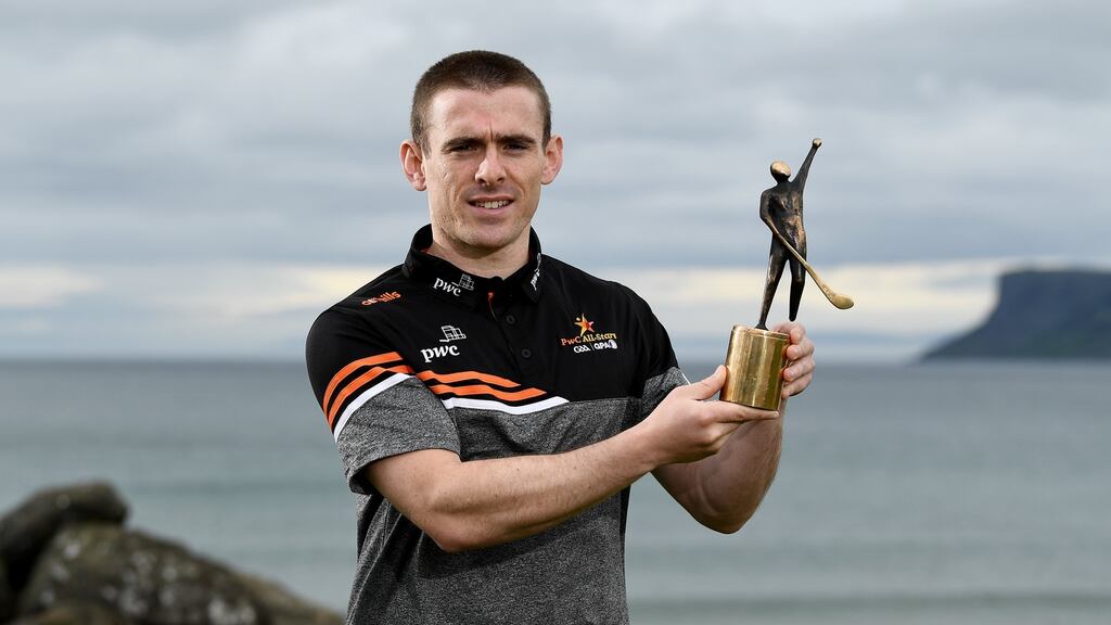 Ciarán Clarke with his PwC GAA/GPA Player of the Month award for May in Ballycastle, Co Antrim. “We believe we can compete with these top teams.” Photograph: Harry Murphy/Sportsfile