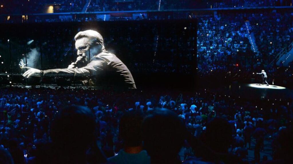 U2 perform at ‘Pala Alpitour’, Turin, during their European Tour first stage. Photograph: Alessandro Di Marco/EPA