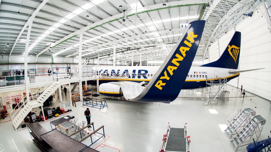 A Ryanair Boeing 737 aircraft undergoing maintenance at a facility in Seville, southern Spain. Photograph: EPA/Raul Caro