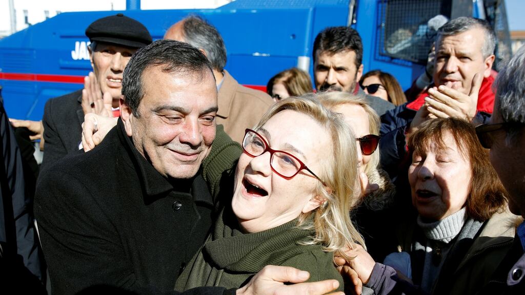 Mucella Yapici, one of the 16 defendants acquitted over their alleged role in Turkey’s Gezi Park protests, reacts as she is surrounded by her supporters after leaving a courtroom at the Silivri prison and courthouse complex near Istanbul yesterday. Photograph: Umit Bektas/Reuters