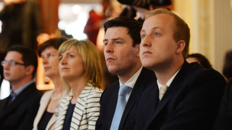 Election candidate Garrett O’Dowd (right) – alonside John Clendennen, Sharon Tolan and Stephanie Regan – at the launch of the Fine Gael partys local election campaign in Dublin. Photograph: Alan Betson