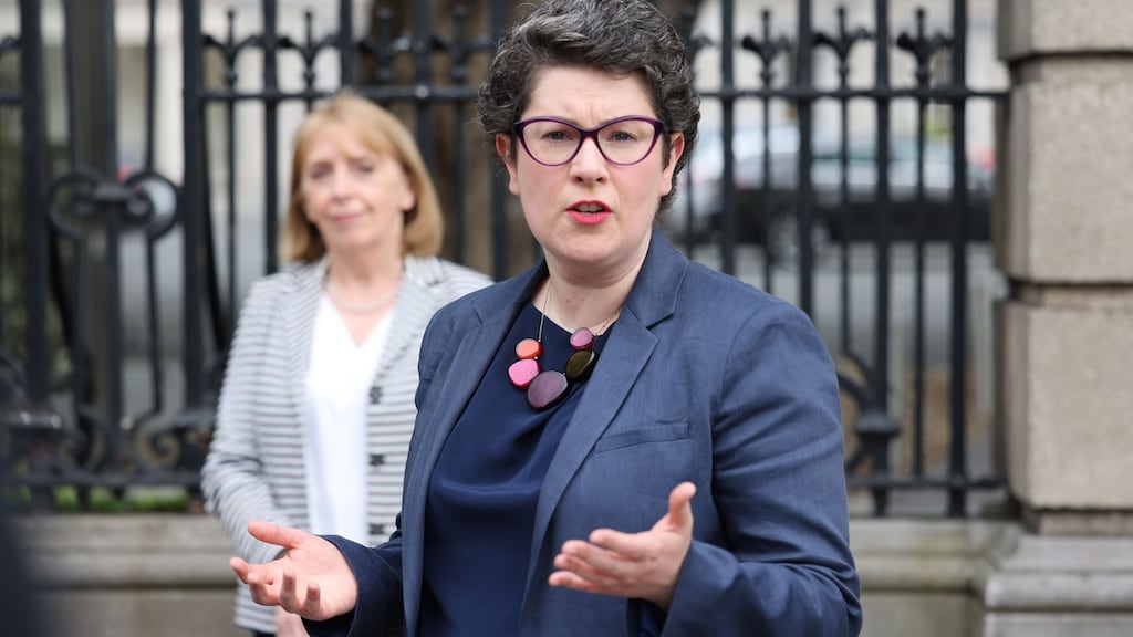 Sarah Durcan, the Social Democrats’ candidate in Dublin Bay South, launching her byelection campaign outside the Dáil on Wednesday, flanked by Róisín Shortall. Photograph: Alan Betson/The Irish Times