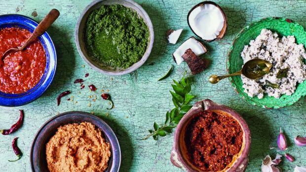Coriander mint chutney top centre, and other relishes and chutneys from Chetna Makan