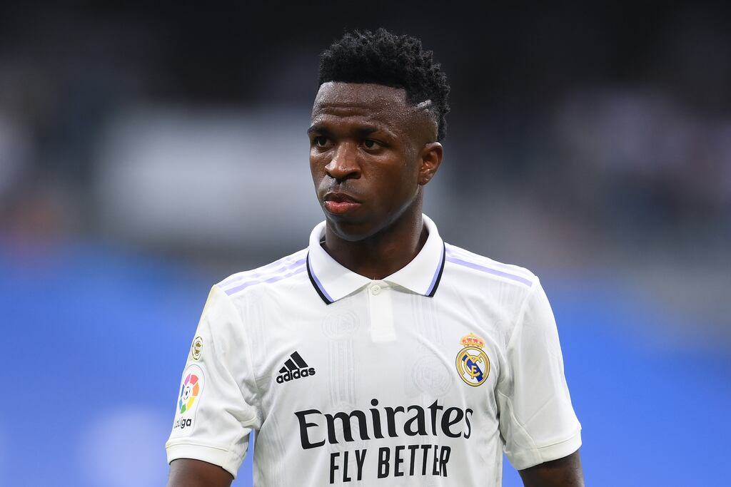 Vinicius Jr of Real Madrid CF looks on during the LaLiga Santander match between Real Madrid CF and FC Barcelona at Estadio Santiago Bernabeu on October 16, 2022 in Madrid, Spain. Photograph: David Ramos/Getty Images