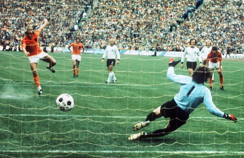 Dutch midfielder Johan Neeskens scores the opening goal from the penalty spot during the 1974 World Cup Final against West Germany in Munich. Photograph: Getty Images