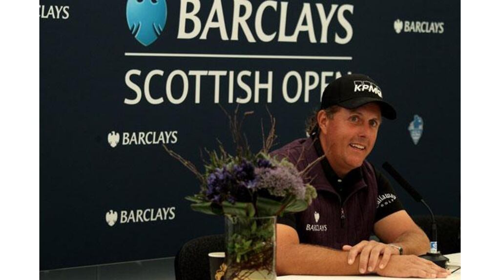 Phil Mickelson answers questions at a press conference ahead of The Barclays Scottish Open at Castle Stuart Golf Links in Inverness, Scotland. Photograph: Warren Little/Getty Images
