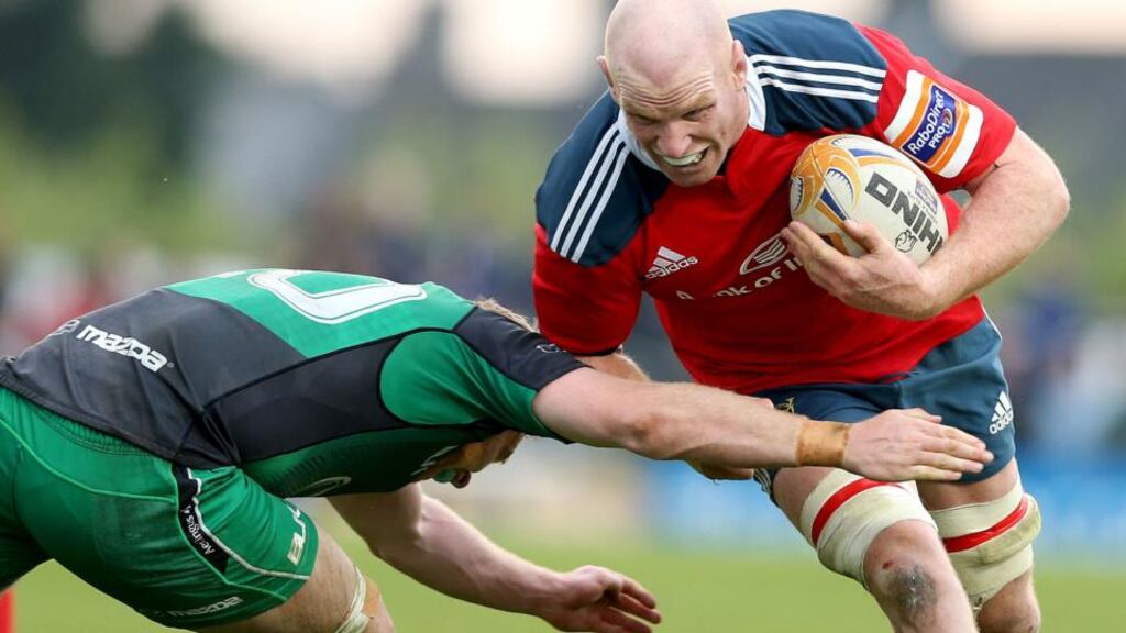 Munster’s Paul O’Connell is tackled by Conor Gilsenan of Connacht during the RaboDirect Pro12 game at the Sportsground in Galway. Photograph: Dan Sheridan/Inpho