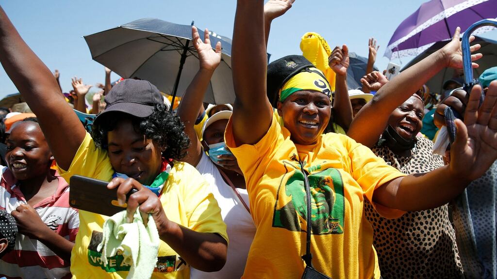 African National Congress supporters during their party’s door-to-door political campaign ahead of the local government elections in Mabopane towniship north of Pretoria. Photograph:  Phil Magakoe/AFP/via Getty Images