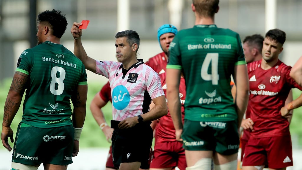 Connacht’s Abraham Papali’i is shown a red card by referee Frank Murphy. Photograph: James Crombie/Inpho