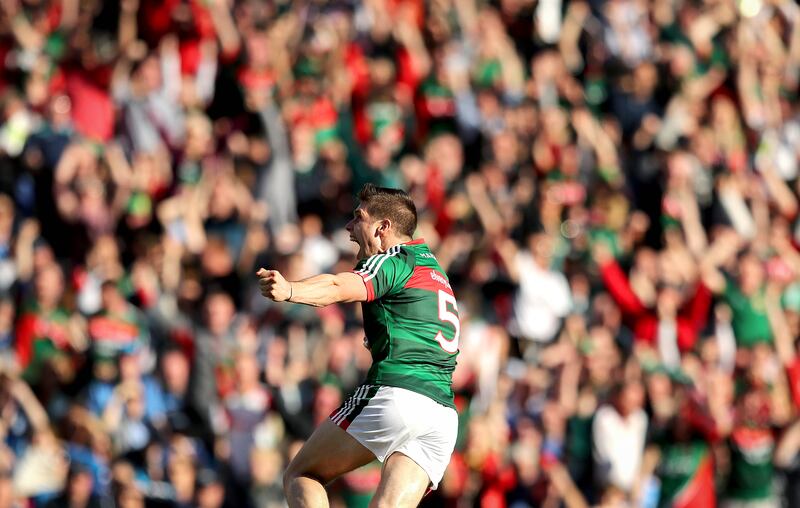 Mayo's Lee Keegan celebrates scoring against Dublin. Photograph: Ryan Byrne/Inpho