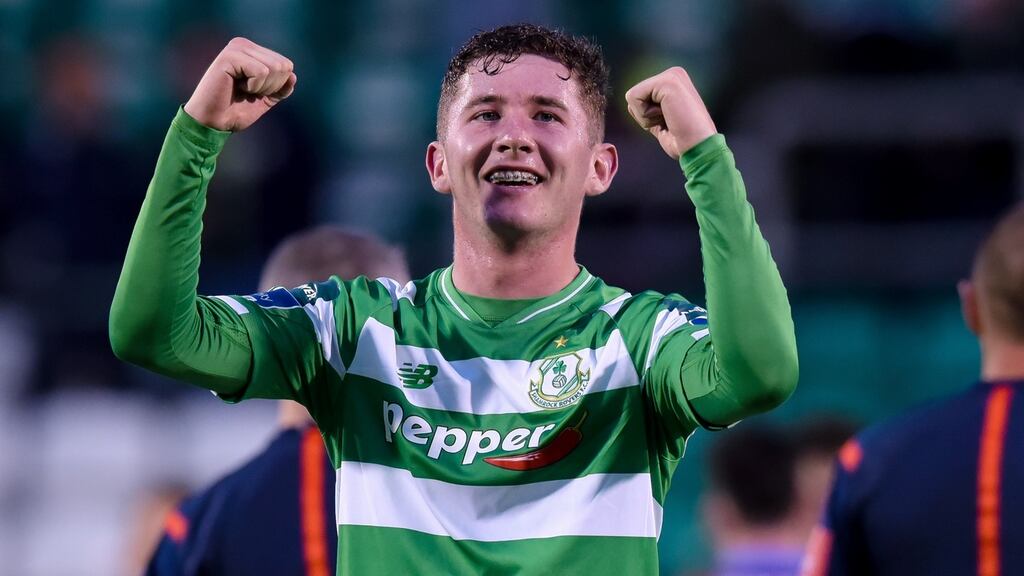 Shamrock Rovers’ James Doona celebrates at the end of the game. Photograph: Tom Beary/Inpho