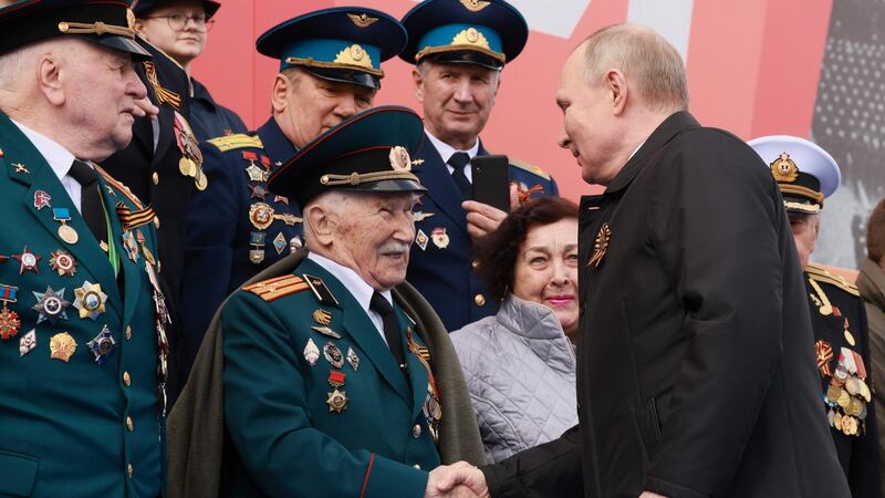 Russian president Vladimir Putin greets veterans as he arrives to watch the Victory Day military parade at Red Square in central Moscow. Photograph: Mikhail Metzel/Sputnik/AFP via Getty Images