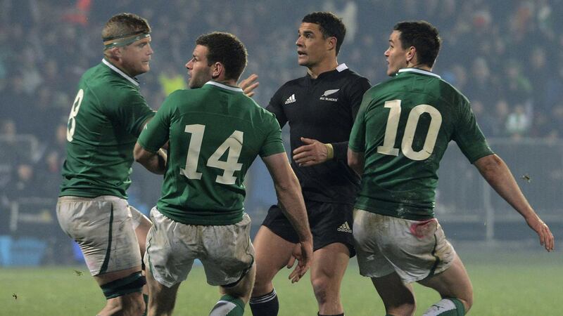 Ireland’s Jamie Heaslip, Fergus McFadden and Jonathan Sexton watch as New Zealand’s Dan Carter scores a match-winning drop goal in Christchurch in 2012. Photograph: Anthony Phelps/Reuters