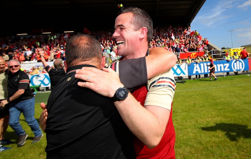 Louth manager Ger Brennan celebrates after their win over Cork. Photograph: Ryan Byrne/Inpho